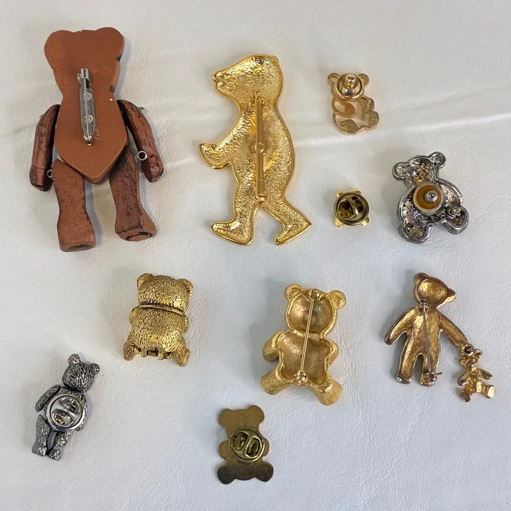 Vintage Teddy Bear Brooch Pin Lot Figural Articulated Gold Tone - Picture 2 of 12